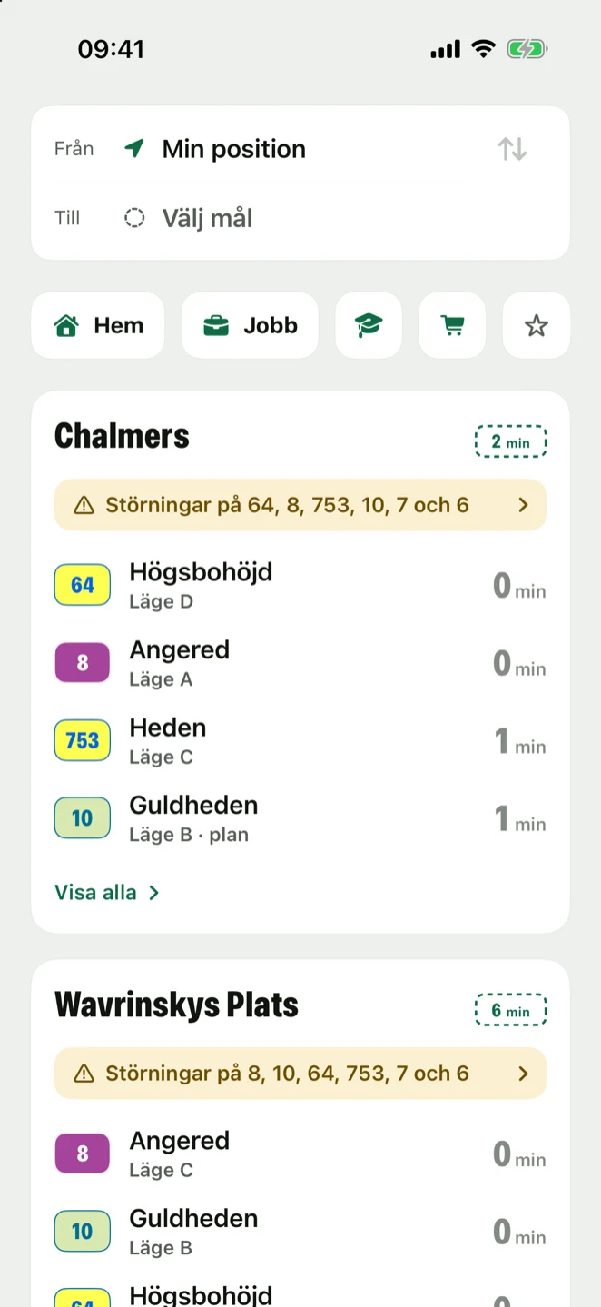 Hem i Iväg: hållplatserna närmast dig med nästa avgångar, och genvägar till hem och jobb.