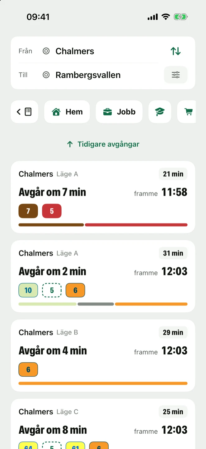 Reseförslag från Chalmers till Rambergsvallen, sorterade efter när du är framme.